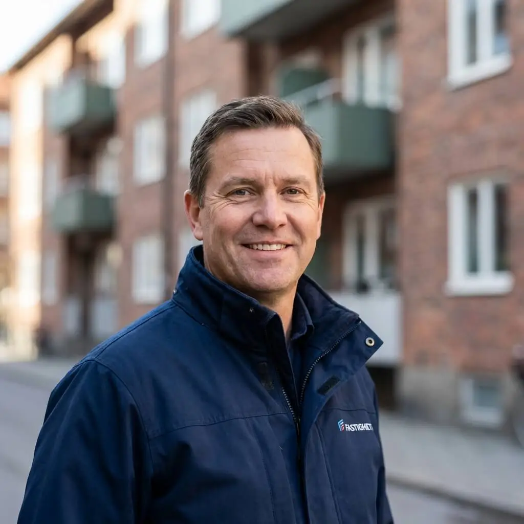 En man i marinblå kavaj ler när han står på en gata i en stad med flerfamiljshus i tegel suddiga i bakgrunden, vilket möjligen representerar företaget Fastighetsförvaltning BRF i en stadsmiljö.