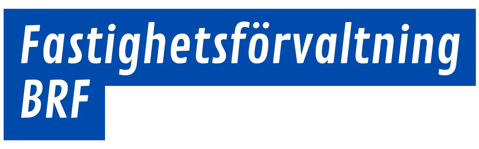 Blå rektangulär logotyp med vit text som lyder "Fastighetsförvaltning BRF" på svenska, i fet, kursiverad stil.